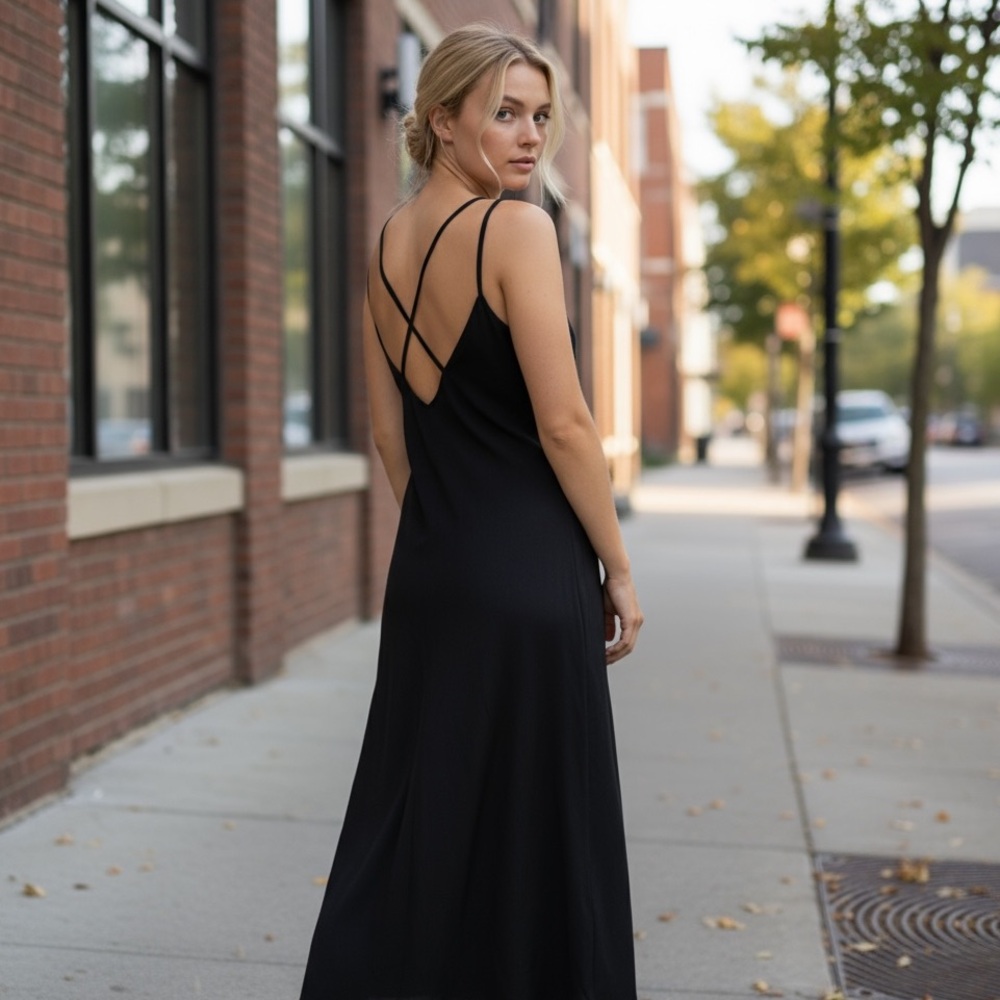 Vintage Y2K Black Cross Back Straps Black Evening Dress Gown Size 8 Party